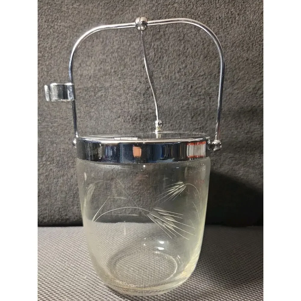 Vntg Mid-Century Ice Bucket Etched Glass Wheat Design Silver Lid